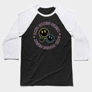 ACID HOUSE  - Circular Font With 3 Smileys (pink/blue/yellow) Baseball T-Shirt